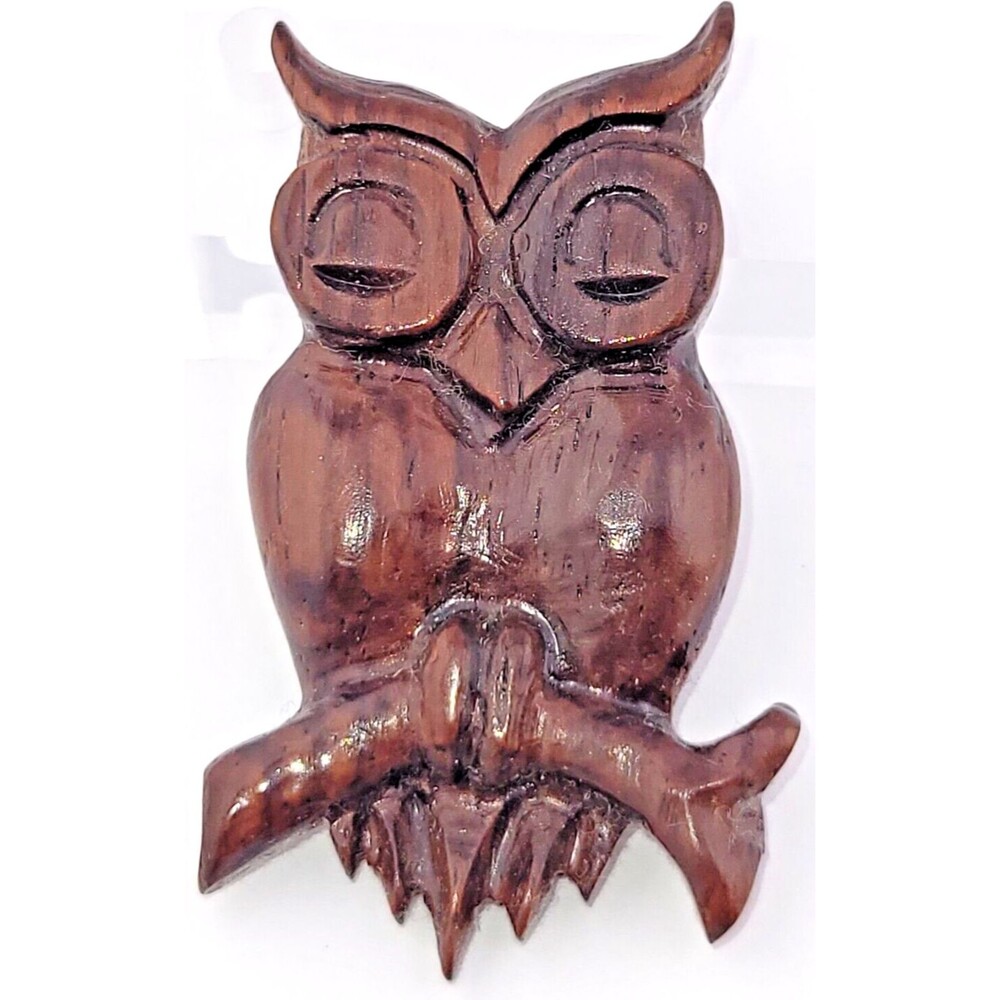 Vintage Hand Carved Wood Wise Sleeping 🦉Owl Bird Brooch Pin Folk Art 2"